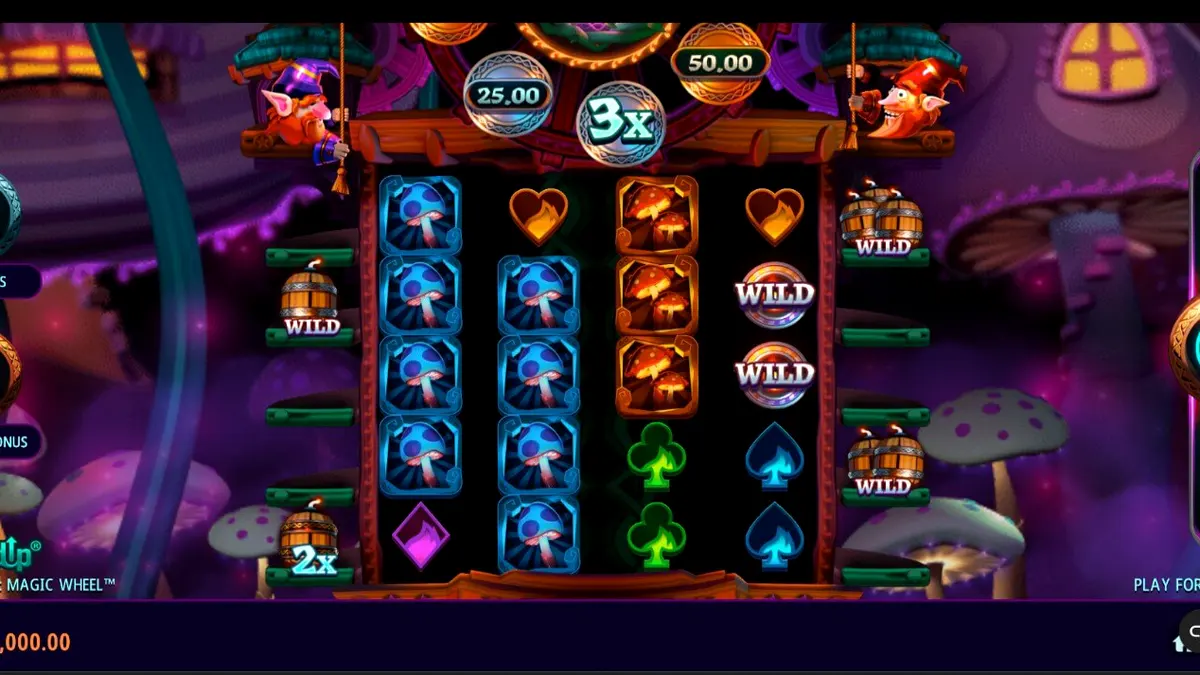 Tampilan visual slot Fire Gnomes 2 Magic Wheel dengan tema jamur dan gnome