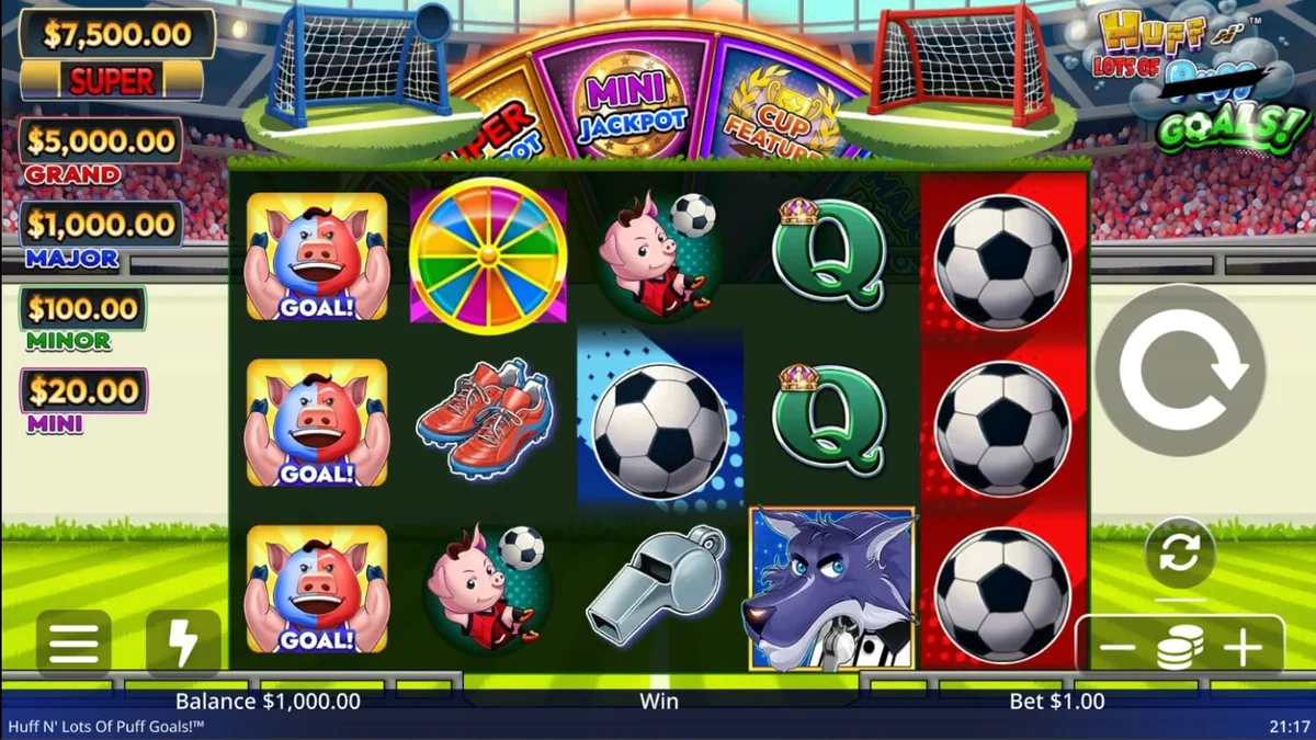 Tiga babi kecil merayakan kemenangan di lapangan sepak bola dalam slot Huff N’ Lots of Goals